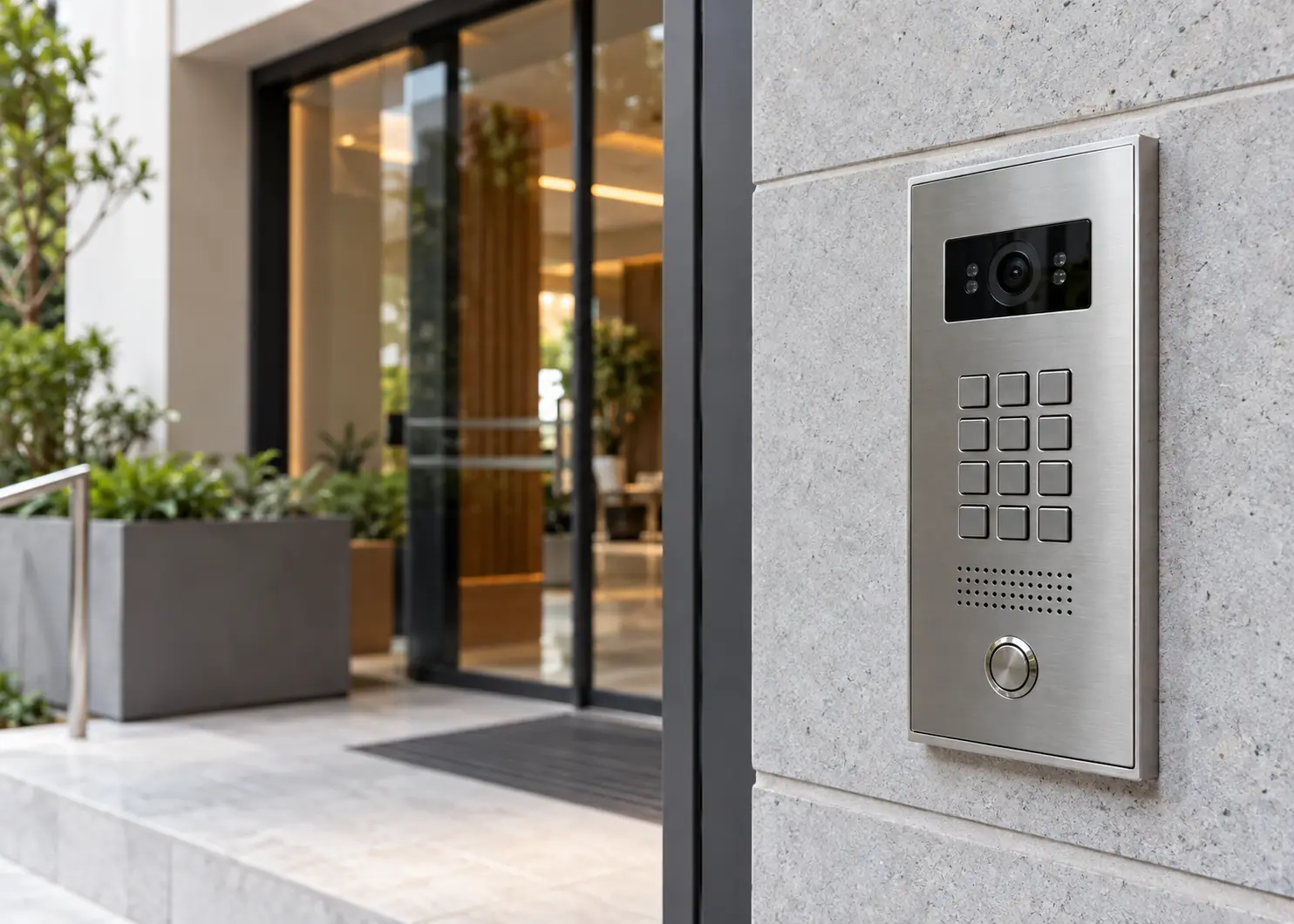Painel de interfone em aço inox na entrada do prédio